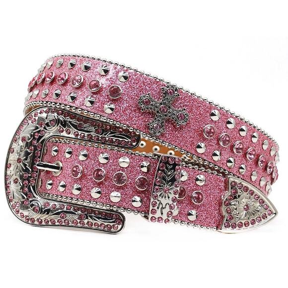 Western Pink Rhinestone Studded Leather Belt Bling Cowgirl Y2K - Picture 1 of 6